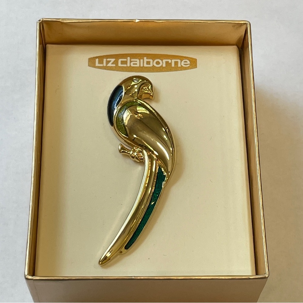 Tropical bird brooch sculptural enameled gold tone Liz Claiborne gift box NIB